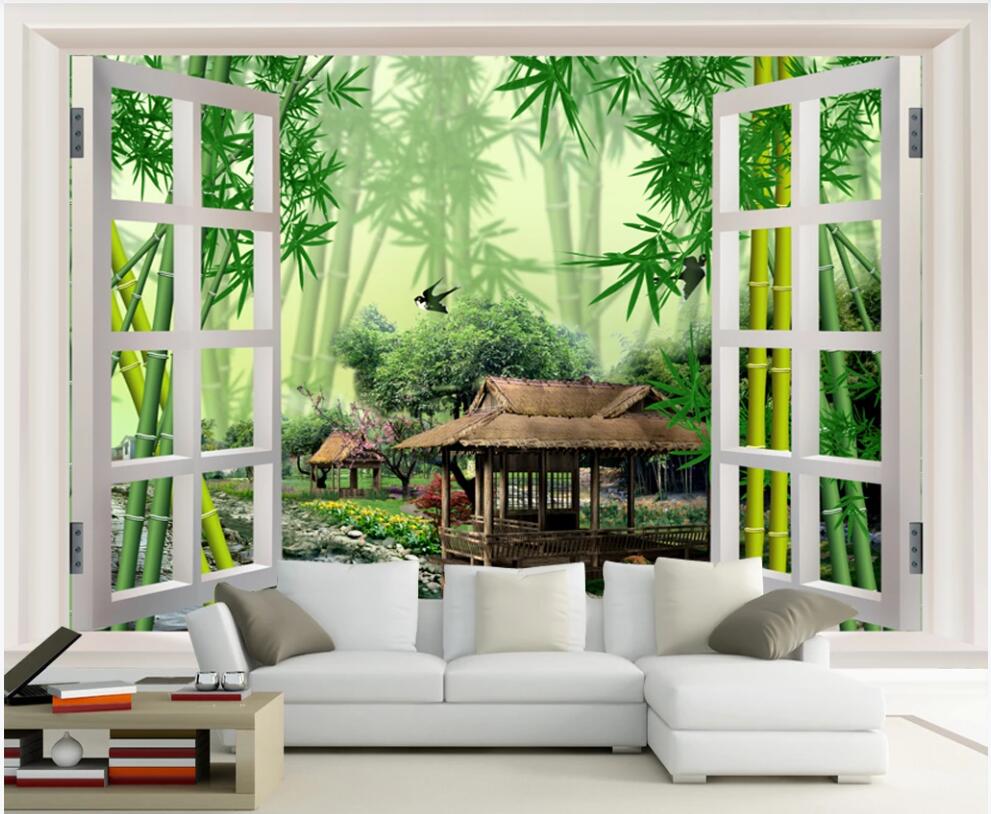

3d photo wallpaper custom mural Window scenery bamboo hut stream water living room home decor 3d wall murals wallpaper for wall 3 d, Non-woven wallpaper