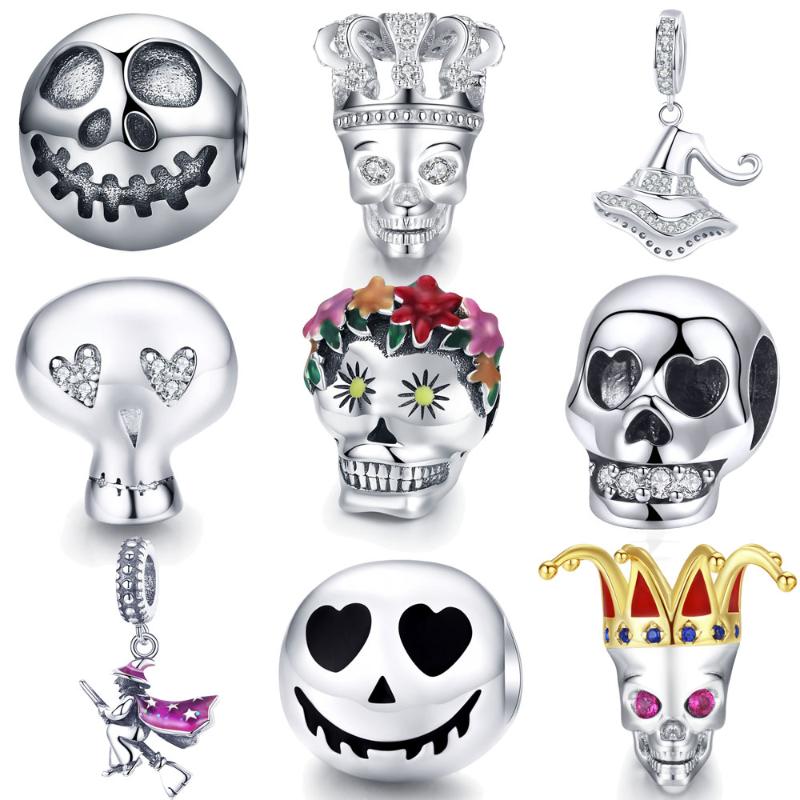 

100% 925 Sterling Silver Rock Skull Ghost Face Bead Charms Fit Original BISAER Bracelets Women jewelry Accessories berloques