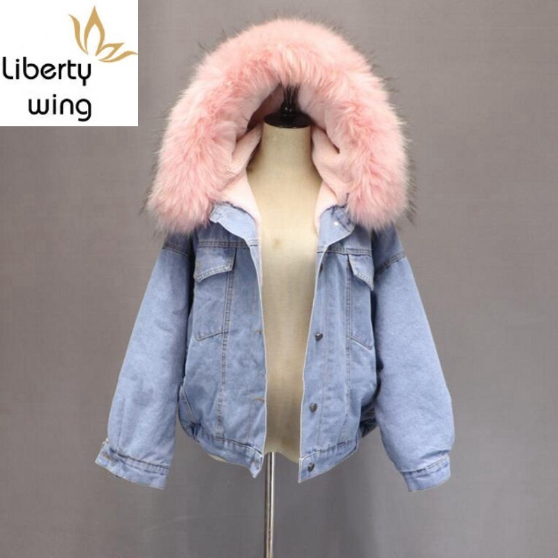 

New Autumn Winter Thick Warm Denim Female Faux Big Fur Collar Fleece Hooded Jean Jacket Women BF Style Loose Fit Overcoat, Gray