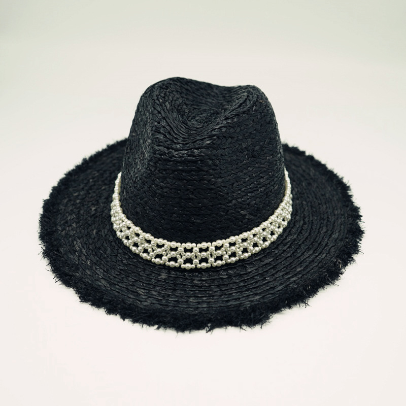 

French foreign trade black pearl raffia jazz top hat female summer panama straw hat vacation beach sun, Beige black brim8cm