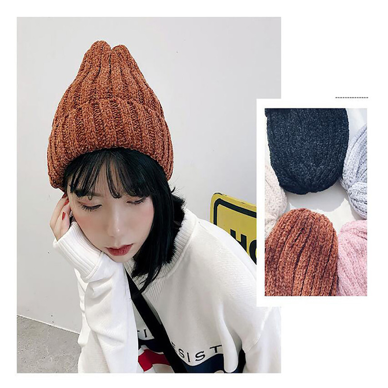 

Fashion Hat Autumn Winter Women Solid Warm Knit Skullies Elastic Chenille Thicken Hats Skull Caps Lovers Hooded Streetwear, Pink