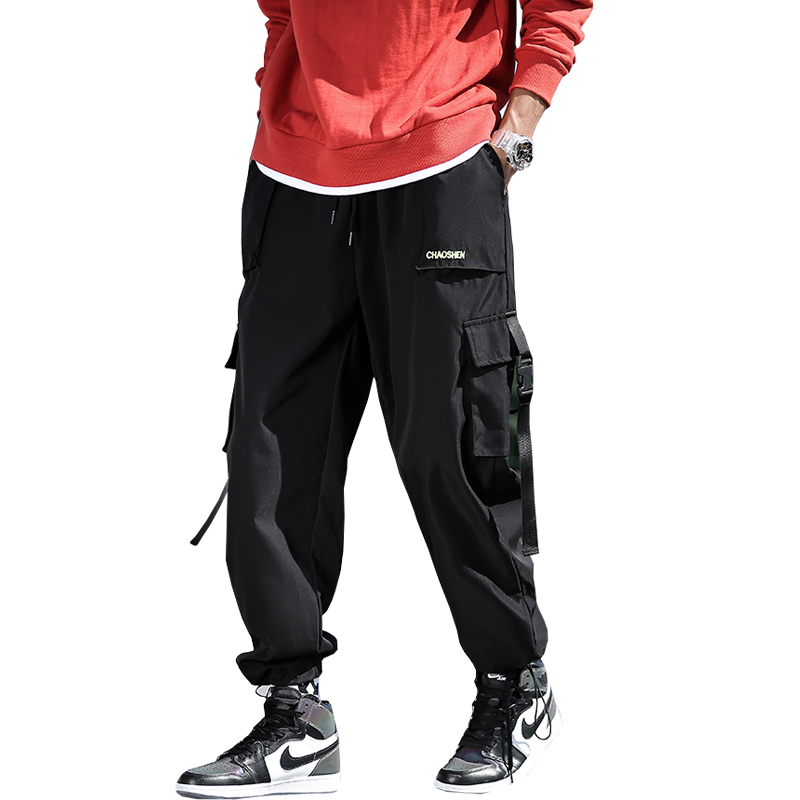 

2020 Men's Cargo Pants Ribbons Multi Pockets Harem Pants Hip Hop Male Track Joggers Fashion Harajuku Mens Streetwear Trousers, Dark gray