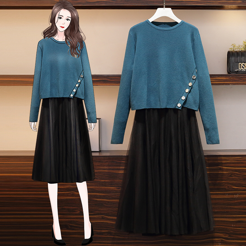 

big yards new winter 2020 knitting pullover sweater black pleated skirts two pcs suits knitwear plus size women outfit autumn se, Skirt