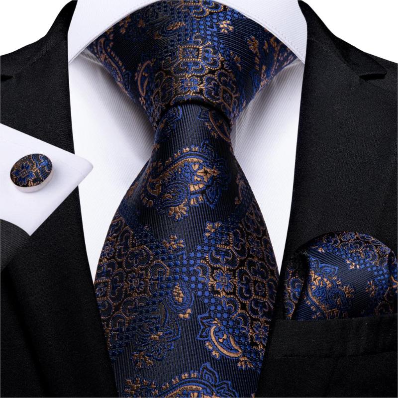 

Quality Men Tie Navy Blue Paisley Wedding Tie For Men Hanky Cufflink Gift Set DiBanGu New Design Business MJ-7296