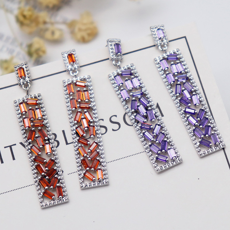 

Long tassel earrings set with red and purple zircon shiny rectangular women's new fashion S925 needle earrings pendant jewelry