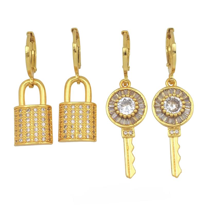 

CZ Zircon Key Padlock Earrings For Women Jewelry Gift 2020 New Design Plated Gold Earring Zirconia 24K Gold Small Bar Earrings