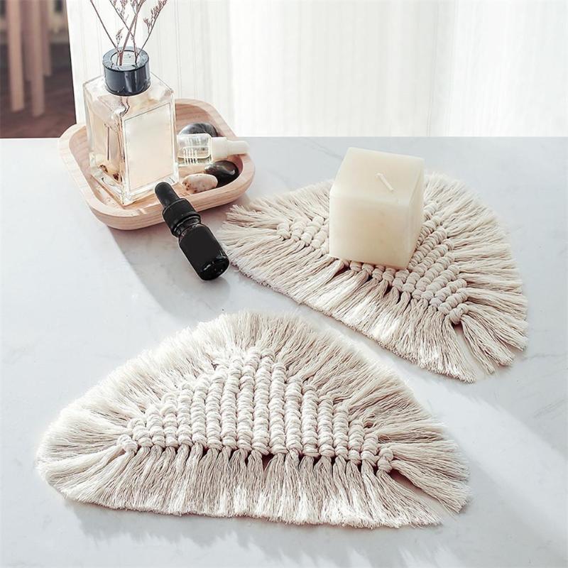 

Macrame Placemats Cup Mat Tassel Nonslip Cotton Woven Triangular Cup Pad For Camping Kitchen Braid Insulation Mats