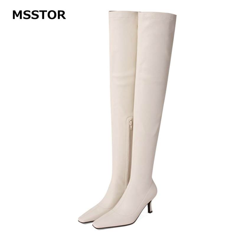 

Square Toe Winter Boots Women Knee High Long Boots Rubber Sewing Sexy Elegant Thigh High Winter Zipper Ladies Heels, Black