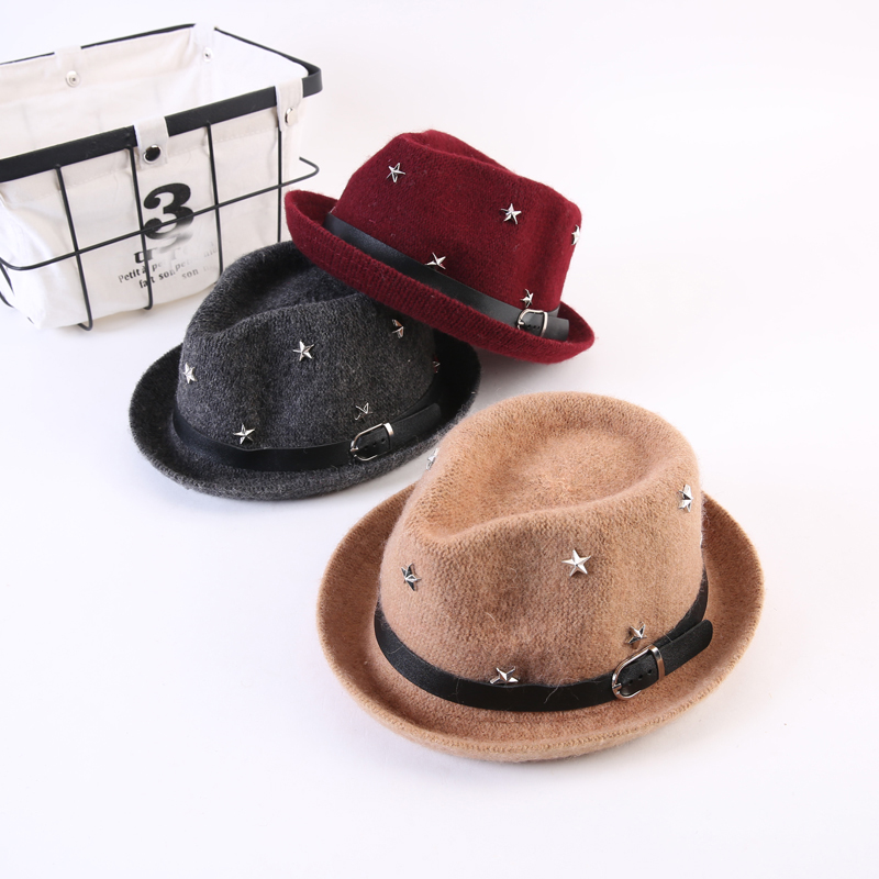 

Winter Autumn 100% Woolen Baby Boys Girls Fedoras Top Jazz Hat European American Round Caps Bowler Hats with Stars, Dark grey