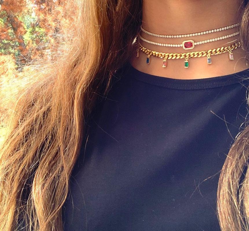 

2020 Fashion gold silver color Colorful rainbow Handmade baguette CZ Chain Chokers for Women Charming Party necklaces Jewelry