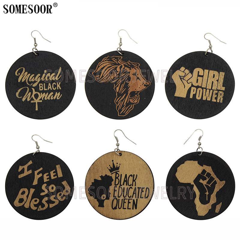 

SOMESOOR Laser Engraved African Map Wooden Drop Earrings Black King Queen Lions Girl Power Fist Melanin Loops Jewelry For Women