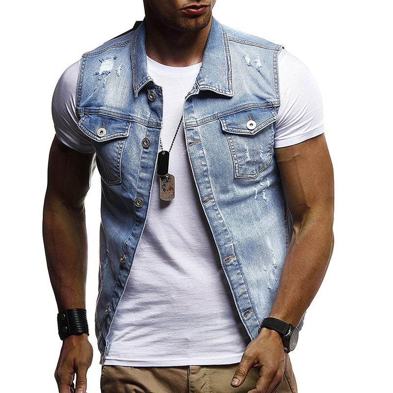 

Denim Jacket Men Vest Hole design Outerwear Streetwear Jacket Coat Mens Coats Male Vest Sleeveless Blue Black White, Light blue-1809-3902