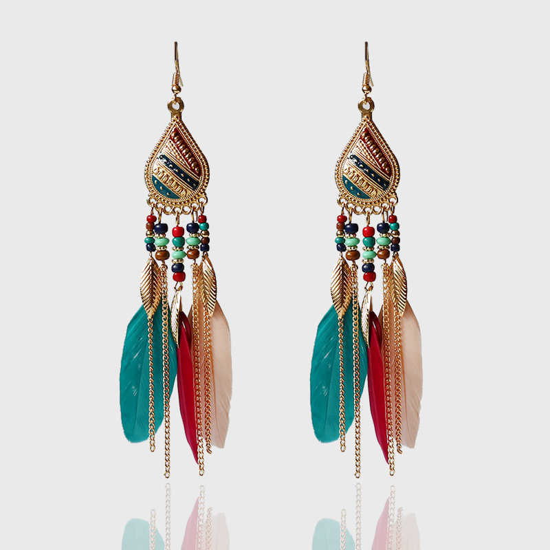 

Ladies Europe Feather Bead Chain Alloy Trendy Jewelry Accessories Long Dangle Bohemian Vintage Gold Drop Earrings For Women