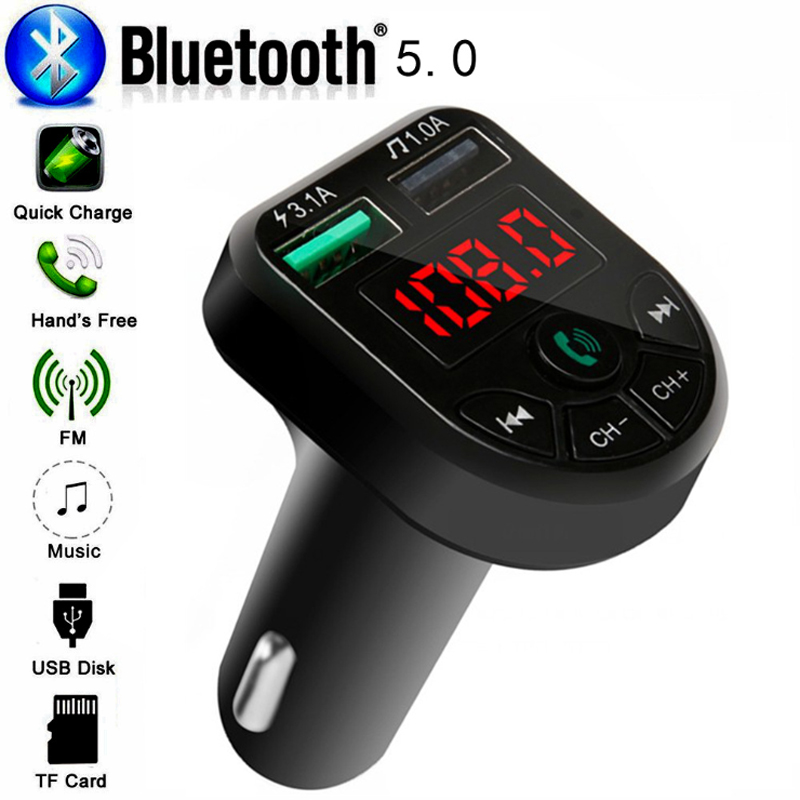 

Car Bluetooth 5.0 Handsfree Car Kit FM Transmitter 3.1A Quick Dual USB Charger LCD Digital Voltmeter TF Card U disk MP3 Player