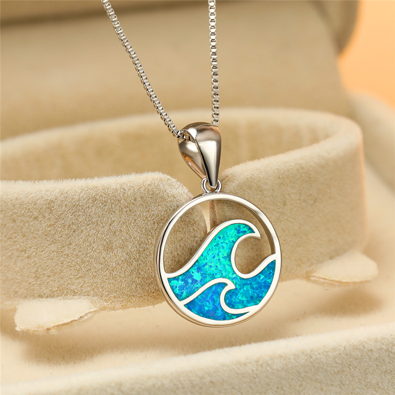 

Boho Female Blue Opal Pendant Necklace Charm Silver Color Hollow Chain Necklaces For Women Dainty Bridal Wave Wedding Necklace