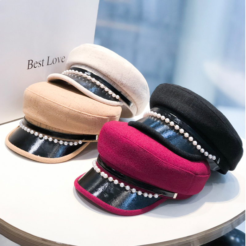 

2020 New Retro Plaid PU leather Berets Spring Autumn pearls Beret Hat Autumn Sailor Hat For Women Captain Cap, White
