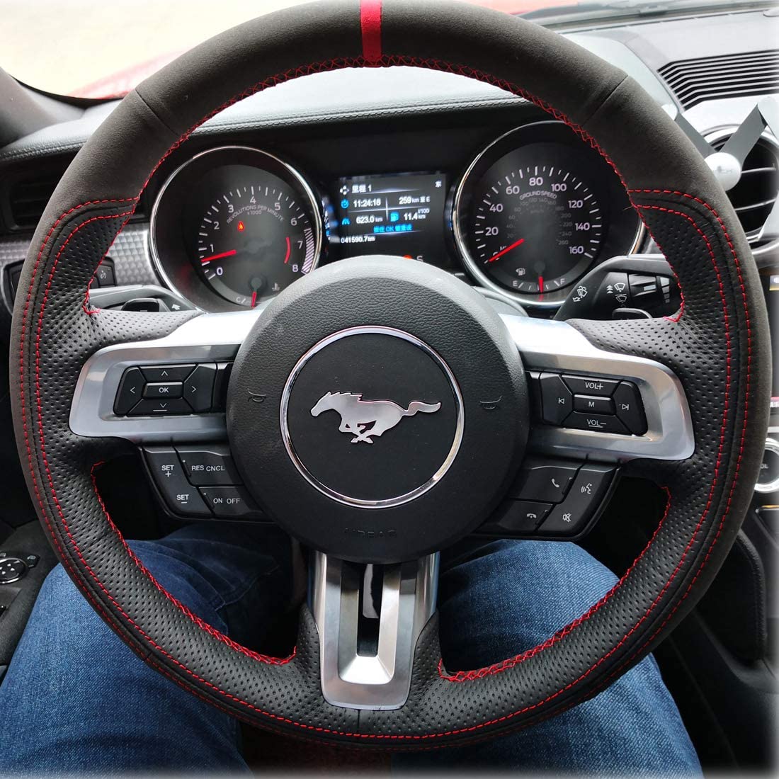 Black Genuine Leather Auto Custom Steering Wheel Cover for Ford Mustang 2015-2017 Mustang GT 2015-2017 Accessories-image-586288723
