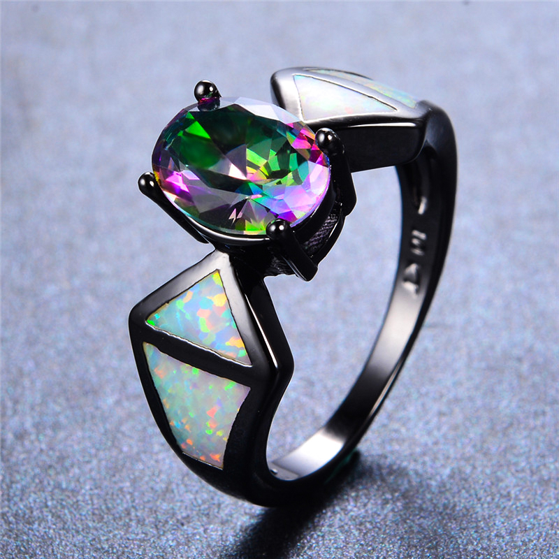 

Cute Female Pink White Fire Opal Ring 14KT Black Gold Oval Wedding Rings For Women Promise Love Geometric Engagement Ring
