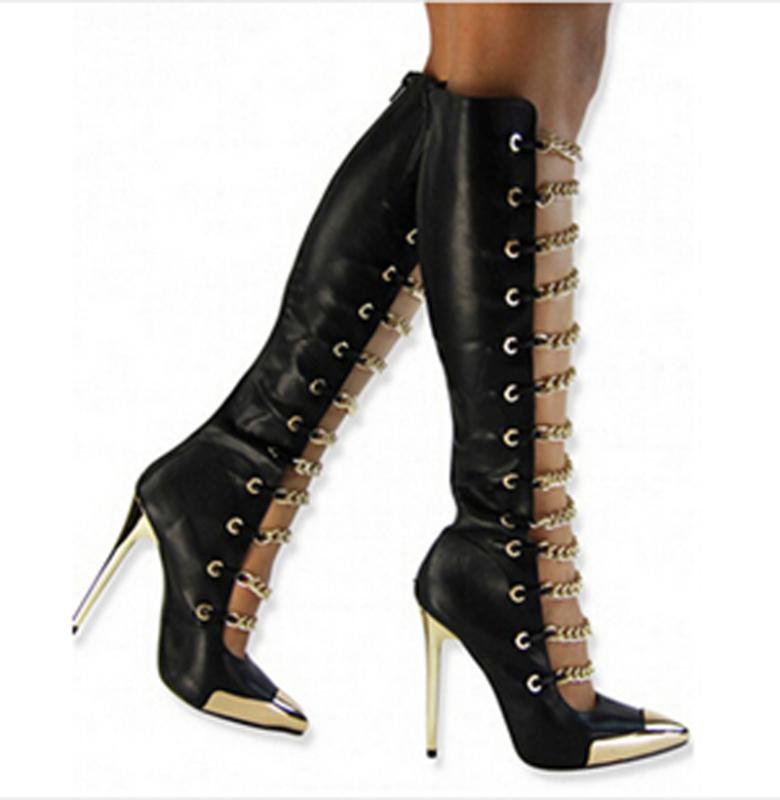 

Women Fashion Pointed Gold Metal Toe Knee High Boots Chain Design Stiletto Heel Gladiator Boots High Heel Dress Shoes, As picture