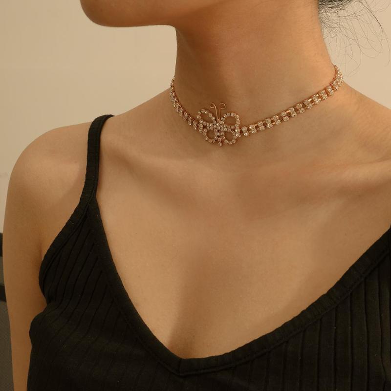 

Fashion Simple Rhinestone Double Chain Bling Tennis Chain Crystal Temperament Hollow Butterfly Necklace Female Party Jewelry