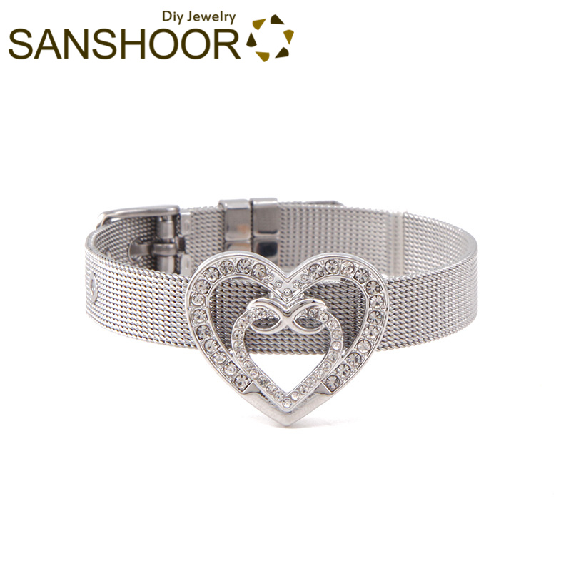 

SANSHOOR 21cm Mesh Stainless Steel Keeper Bracelet Set With 2.8cm*2.5cm Big Size Crystal Heart Infinity Slide Charms For Women
