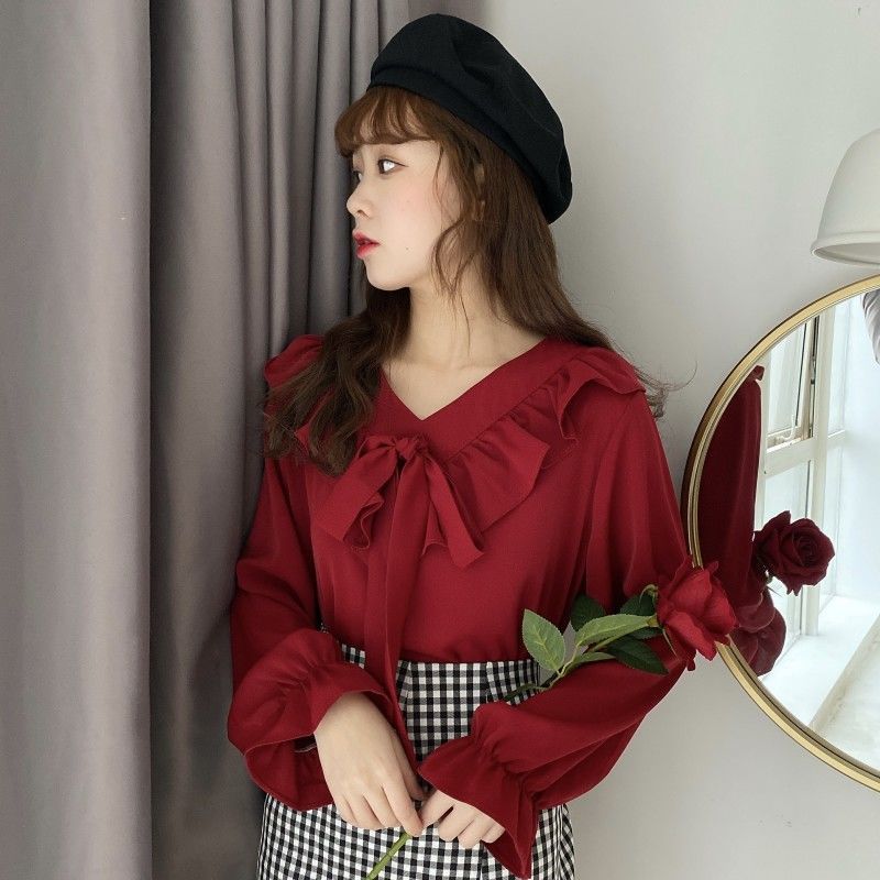 

Women' Spring Autumn Style Chiffon Blouses Shirt V-Neck Solid Color Ruffles Long Sleeve Casual Tops DF3941, Black