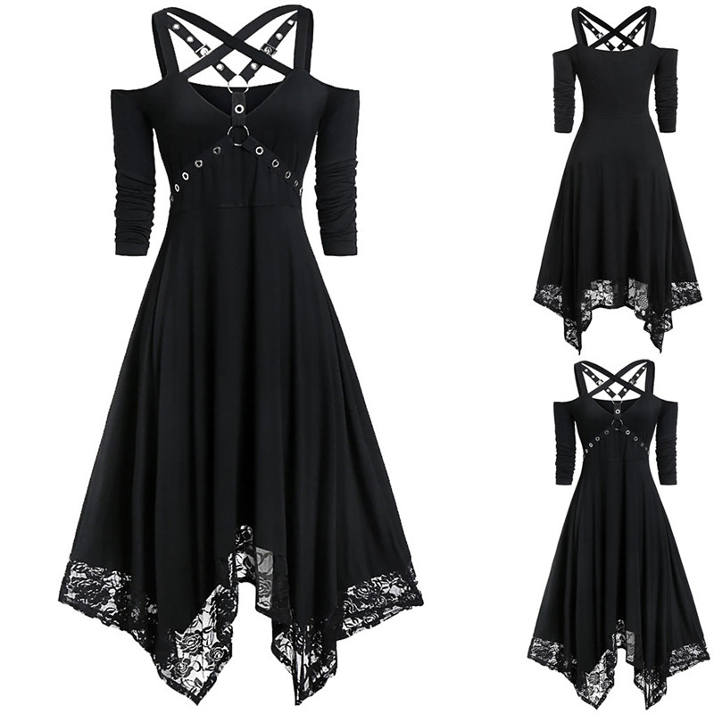 

Novelty Women Dress Halloween Party Open Shoulder Lace Half Sleeve Gothic Dress Fashion Female Autumn Winter Plus Size N29, Black