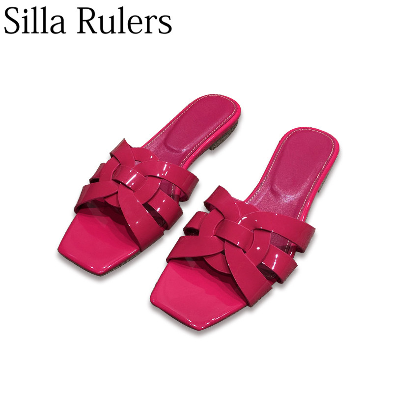 

Summer Pinkycolor One Strap Ladies Flat Bottomed Slippers Open Toe Real Leather Cross Weaving Outdoor Slippers Woman, 12