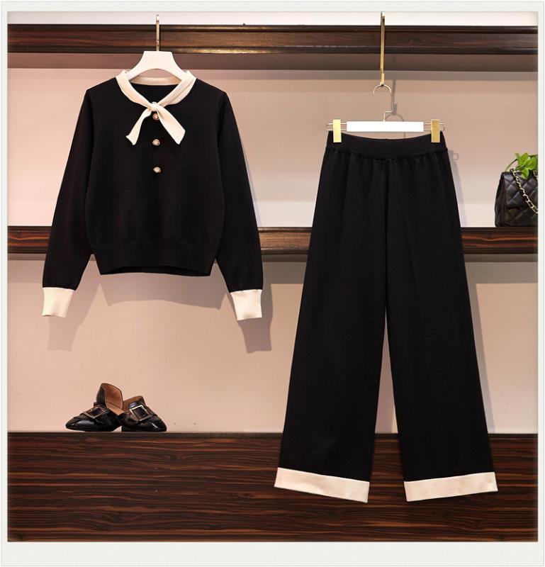 

Plus size women's two-piece suit autumn 2020 casual black bow long-sleeved sweater and high-waist wide-leg pants two-piece set