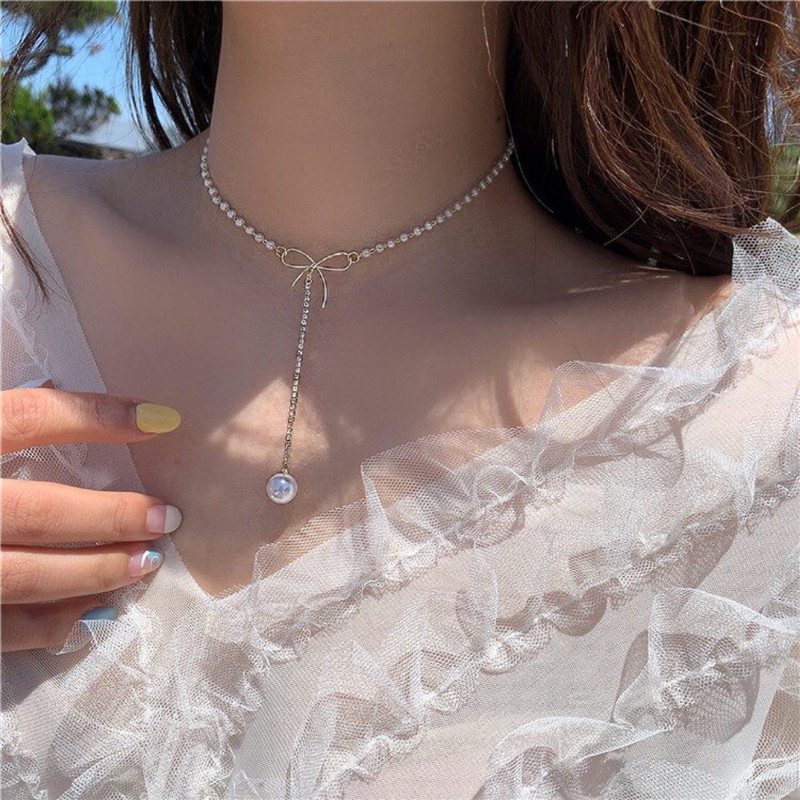 

Kpop Golden Aesthetic Choker Romantic Bow Pearl Pendants Neck Chain Necklace For Mom Women Egirl BFF Jewelry Mothers Day Gift