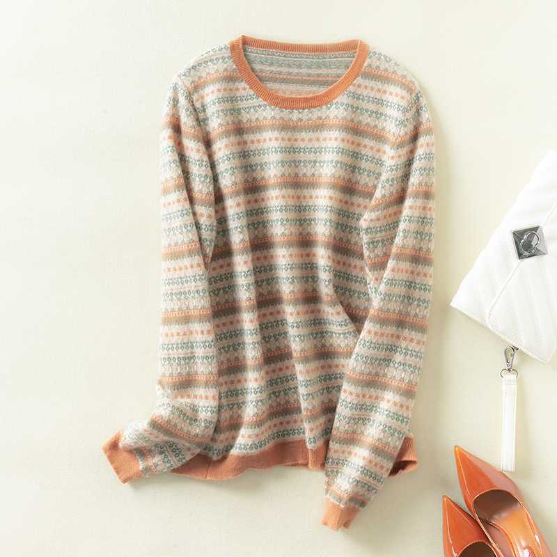 

Female bright striped pullover loose warm o-neck knitted wool long sleeves fashion casual, Khaki