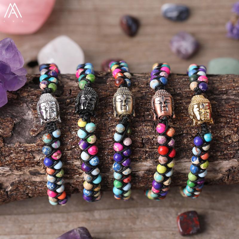 

Natural Buddha Head Charms 8mm Sea Sediment Jaspers Round Beads Woven Knotted Adjustable Bracelet Mala Yoga Meditation Jewelry