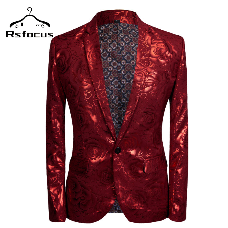 

Rsfocus Hip Hop Blazer Men 2020 New Arrival Shiny Red Blue Rose Pattern Man Blazer Casual Suit Jacket DJ Mens Stage Wear XZ226, Burgundy
