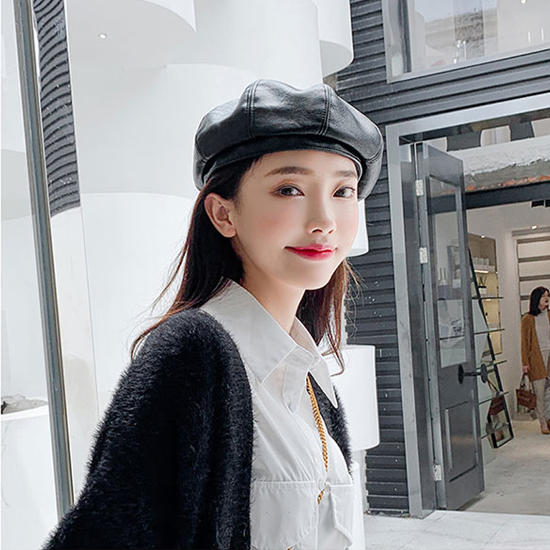 

Foux Beret Hat Autumn Winter Women Pu Leather Pure Color Black Adjustable Painter Octagonal Casquette Baker Boy Retro 2020 New, Wine red