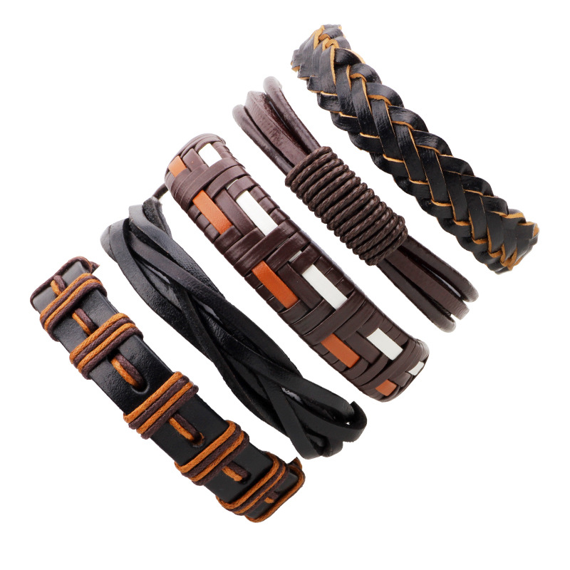 

Mix and match Korean style five piece bracelet, hand made cowhide weave multiple combination Bracelet mood charm bracelet