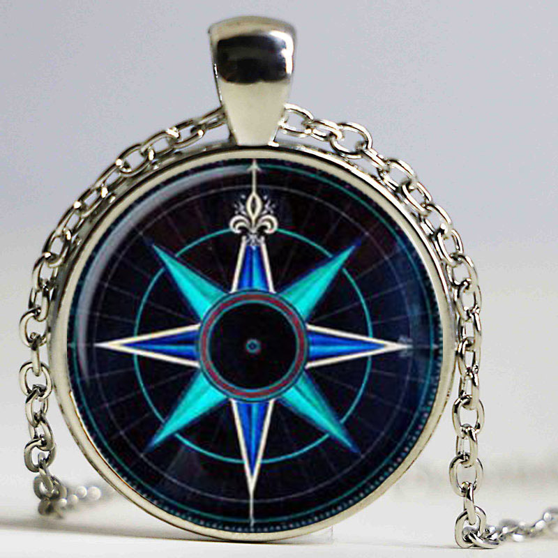 

Vintage compass pendant jewelry Wind rose necklace glass Cabochon Necklace