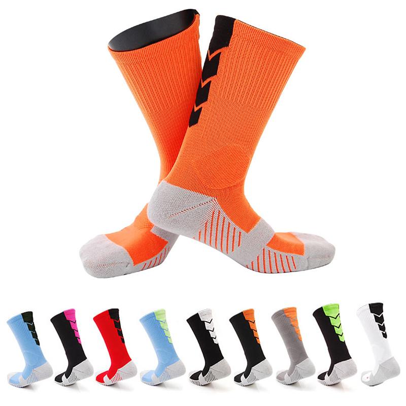 

Wholesale-Thicker Men Towel Bottom Basketball Training Socks Breathable Anti-slip Soccer Riding Fitness knee-high Male Compression Socks, Orange / black