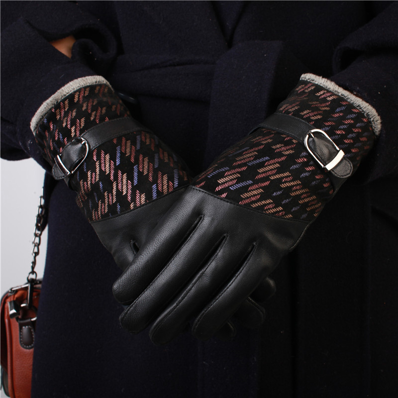 

Women's Sheepskin Gloves Autumn Winter New Printing Lady's Metal Button Mittens Warm Plus Velvet Thicken Female Hand Muff H3204