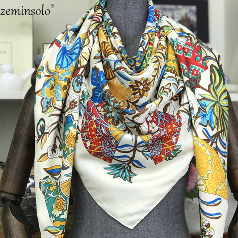 

Scarves 100% Silk Scarf Women Flowers Printed Foulard Square Head Bandana Large Wraps Female Shawls Hijabs