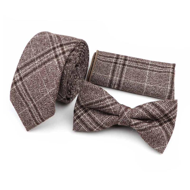 

100% Cotton Nice Tie Set Striped Plaid Brown Gray Green Mens Necktie Bow Tie Handkerchief Fashion Classic Accessory Gift Vintage