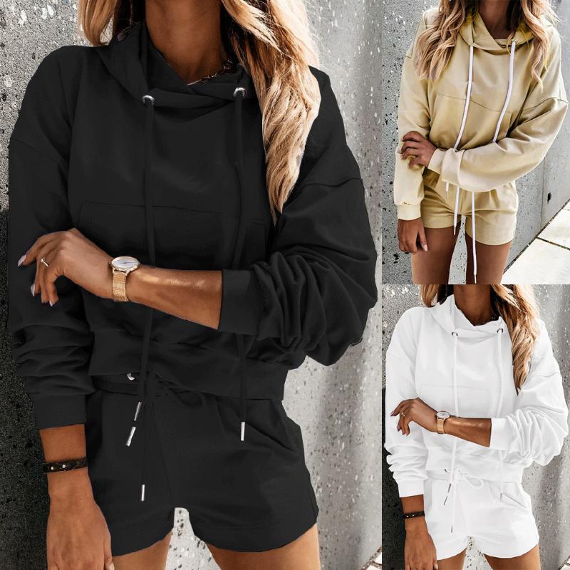 

Women' Spring Solid Long Sleeve Hooded Pullover Pocket Running Sets 2 Piece Running Set Sportswear Set Tracksuit Sweat Pants, Black
