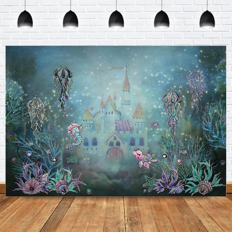 

Underwater Castle Background Mermaid Birthday Party Photo Backdrop Blue Princess Coral Jellyfish Newborn Portrait Photoshoot