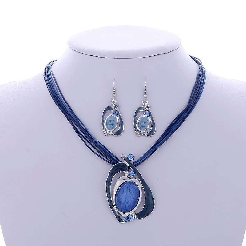 

MINHIN Charming Blue Pendant Jewelry Sets For Women Classic Wholesale 2 Pcs Wedding Jewelry Sets African Beads Accessory, As pic