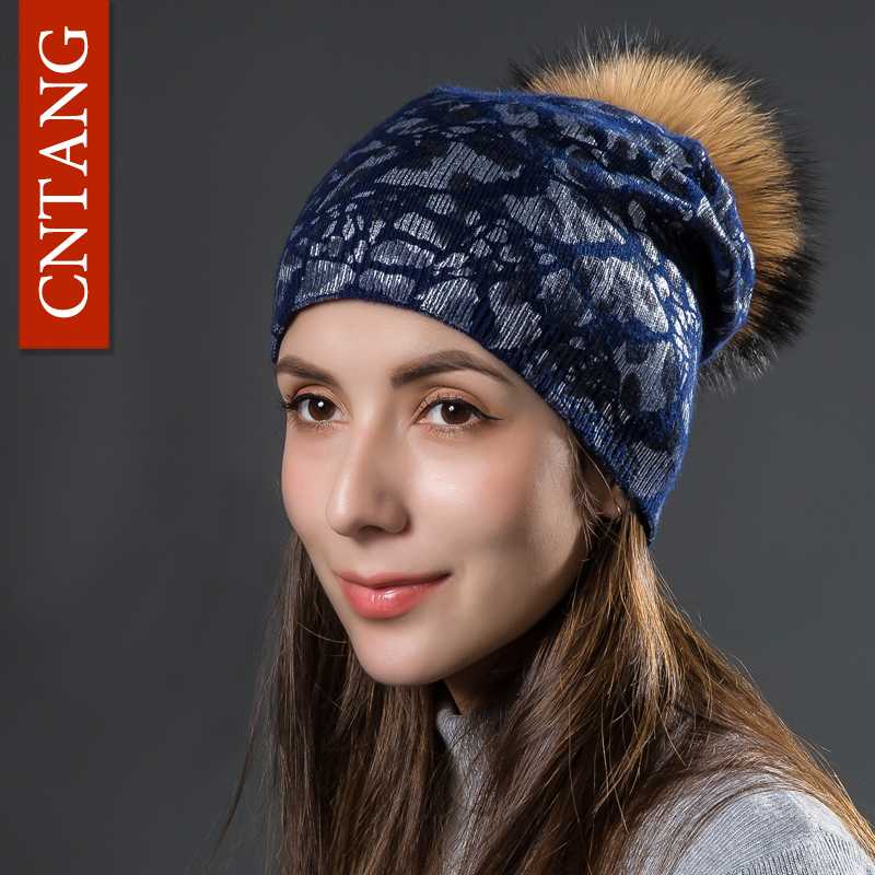 

CNTANG Double Layer Wool Leopard Silver Hats For Women Winter Warm Knitted Caps Raccoon Pompoms Fur Hat Fashion Ladies Beanies, White