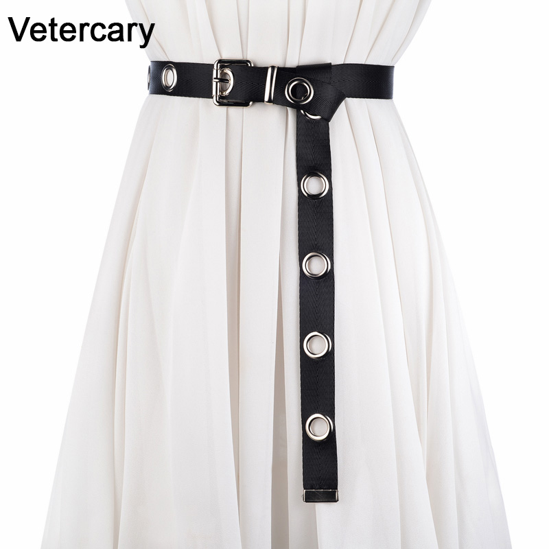 

High quality New silver metal round hole belts for women Punk black long personality canvas belt lady bar party decorate Fabric