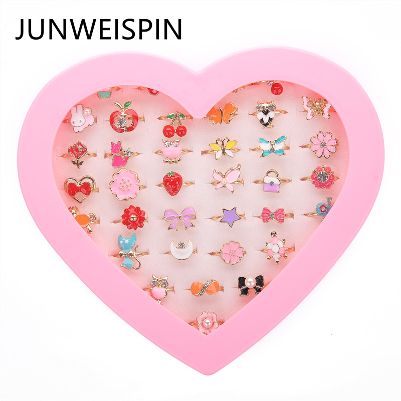 

JUNWEISPIN 36-12PCS Kids Children's Little Girl Jewelry Adjustable Ring in Box Girl Pretend Play and Dress Up Ring Random Shapes
