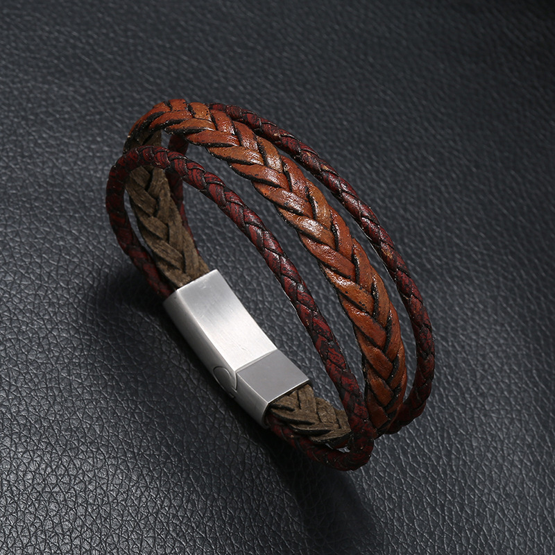 

New Design Multi-layers Handmade Braided Genuine Leather Bracelet & Bangle for Men Stainless Steel Fashion Bangles Gifts