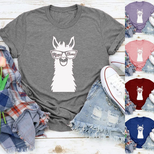 

Funny Alpaca Print Tee Shirt Women Cotton Oversized Cartoon Tops Casual Animal Tees O Neck Short Sleeve T-shirt, Beige