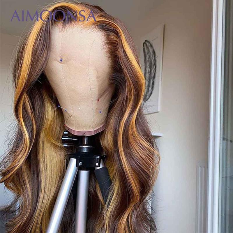 

Brown and Blonde Highlight Wig Highlighted Highlight Lace Front Human Hair Wigs Body Wave Frontal Wig 13x4 Lace 130% Density, As pic