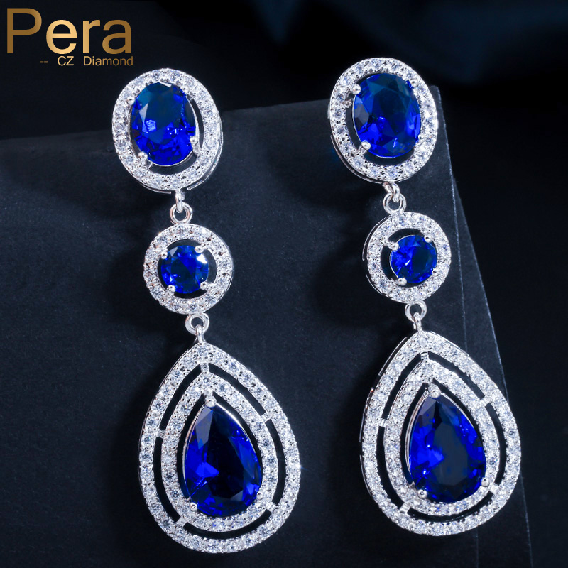 

Pera CZ Luxury Royal Bridal Jewelry Long Halo Tear Drop Dark Blue Big Cubic Zirconia Stone Wedding Earrings For Women E041